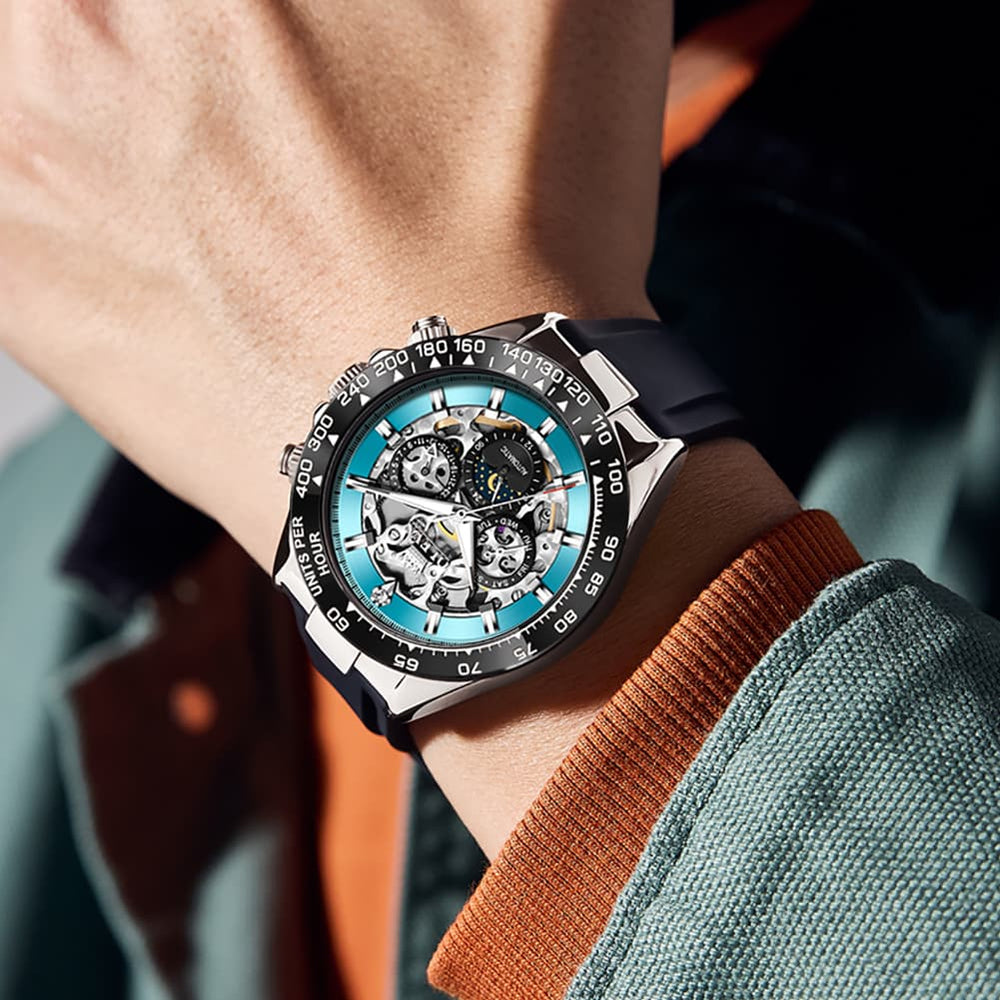 OLEVS 6713 Skeleton Silicone Sports Racing Mechanical Watch For Men - Rose Gold Watch | Olevs Watch Store