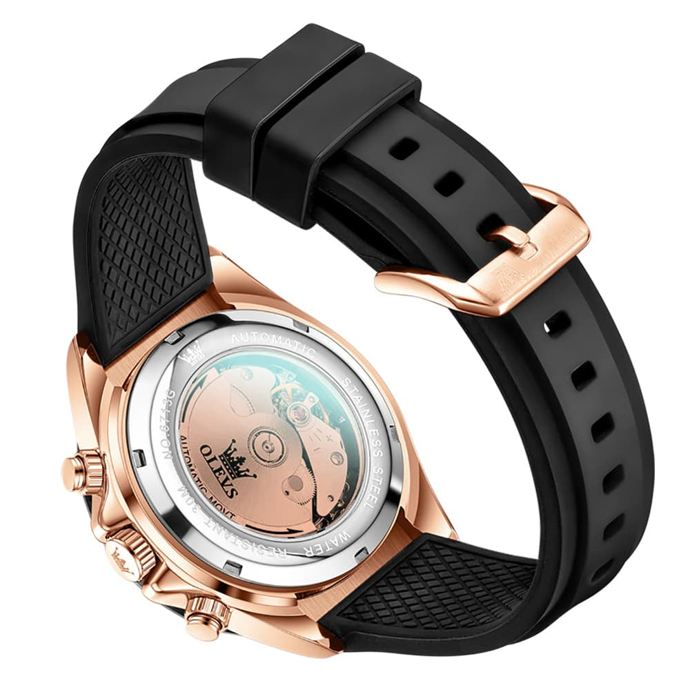 OLEVS 6713 Skeleton Silicone Sports Racing Mechanical Watch For Men - Rose Gold Watch | Olevs Watch Store