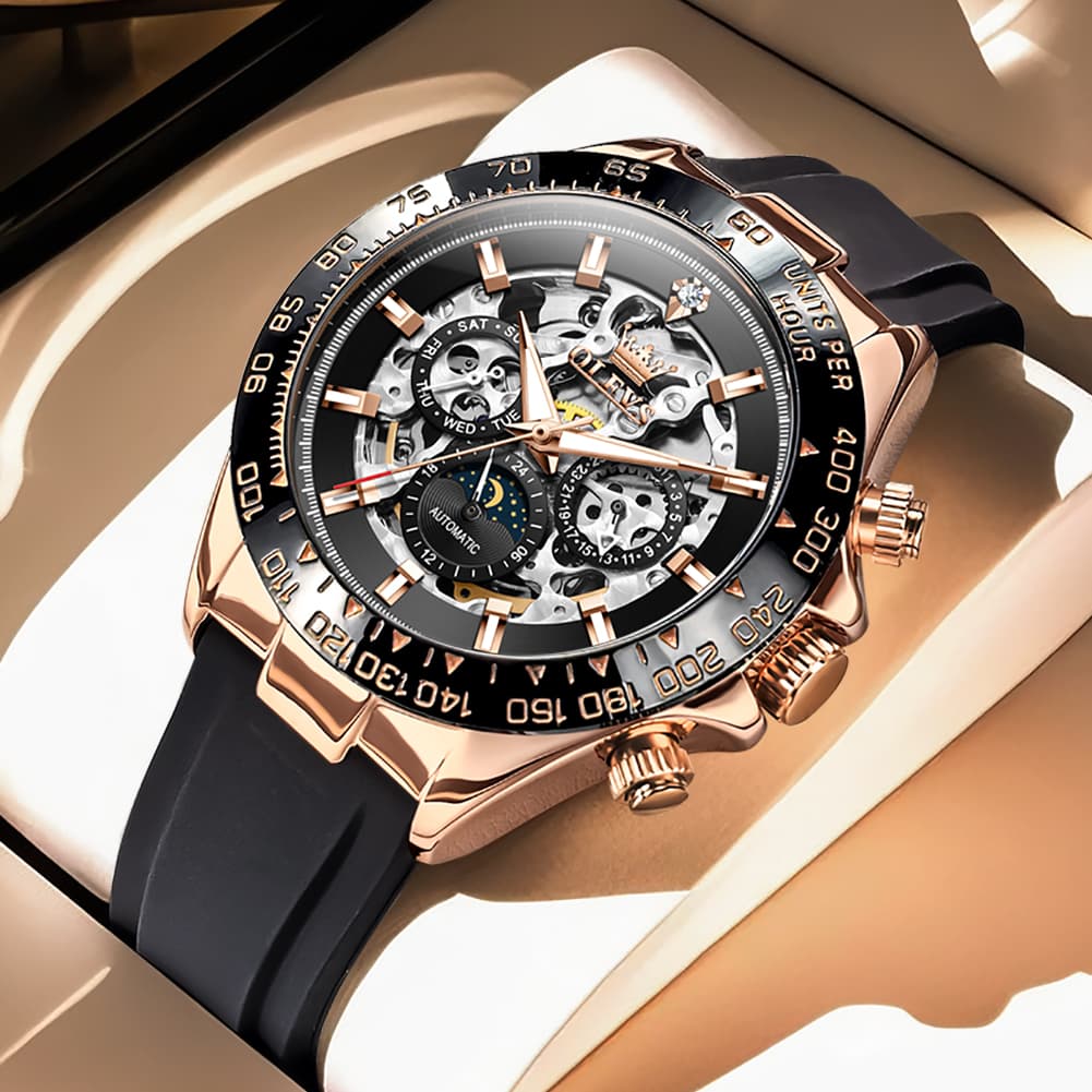 OLEVS 6713 Skeleton Silicone Sports Racing Mechanical Watch For Men - Rose Gold Watch | Olevs Watch Store