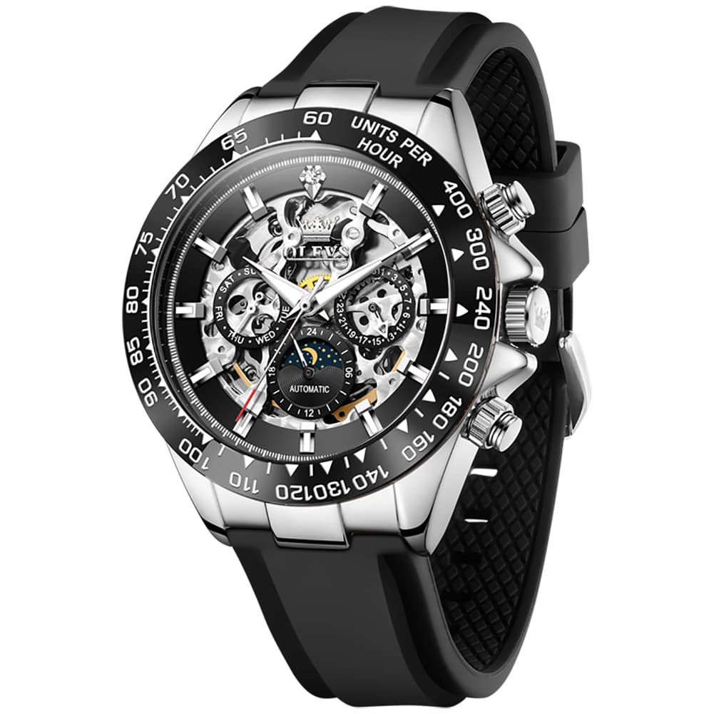 OLEVS 6713 Skeleton Silicone Sports Racing Mechanical Watch For Men - Silver Black Watch | Olevs Watch Store