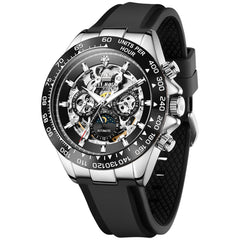 OLEVS 6713 Skeleton Silicone Sports Racing Mechanical Watch For Men - Silver Black Watch | Olevs Watch Store