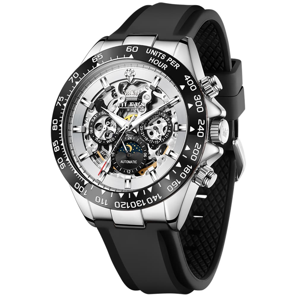 OLEVS 6713 Skeleton Silicone Sports Racing Mechanical Watch For Men - Silver White Watch | Olevs Watch Store
