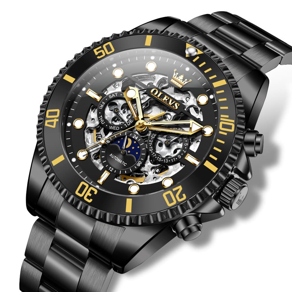 OLEVS 6715 Skeleton Multifunction Moon Phase Sports Mechanical Watch For Men - All Black Watch | Olevs Watch Store