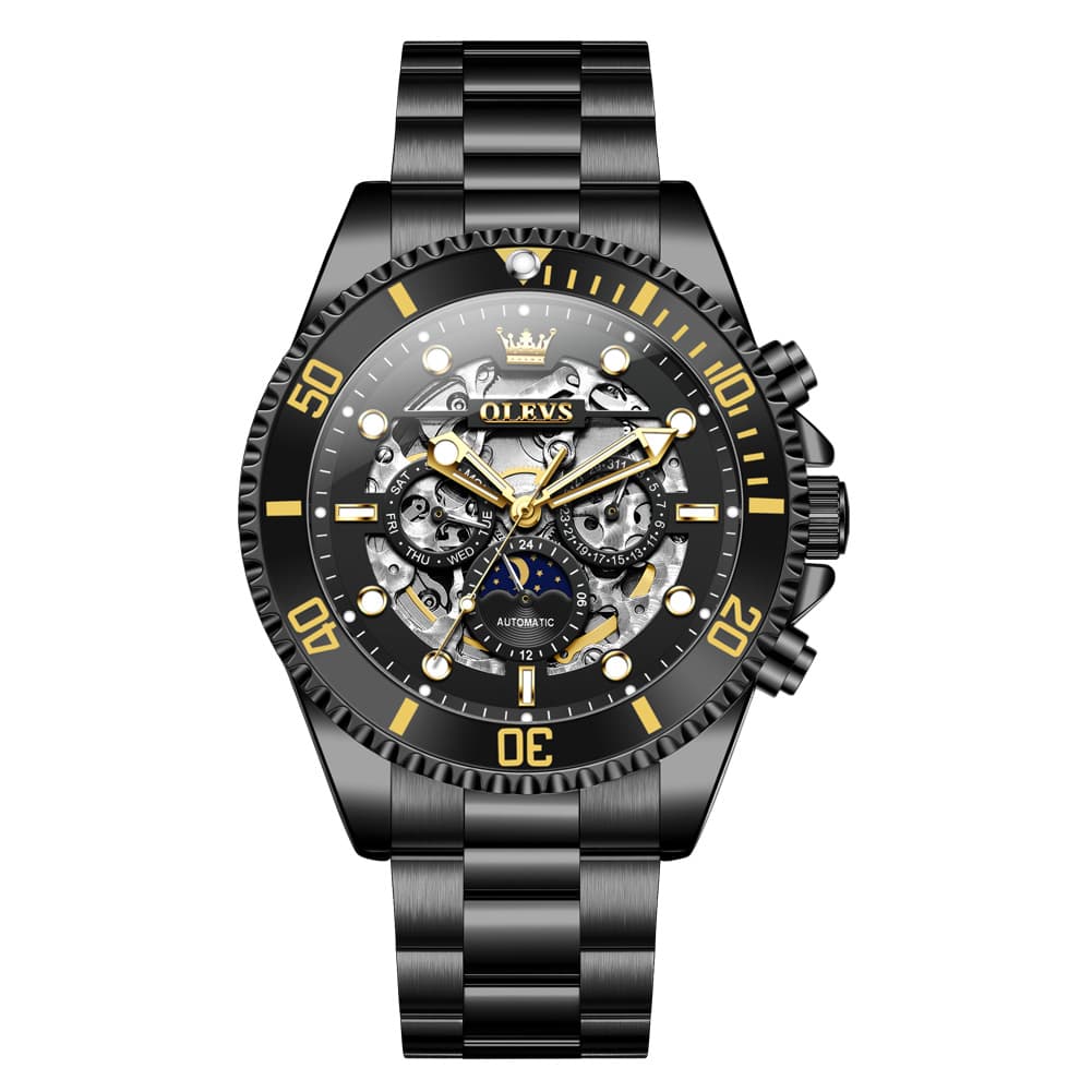 OLEVS 6715 Skeleton Multifunction Moon Phase Sports Mechanical Watch For Men - Silver Ebony Watch | Olevs Watch Store