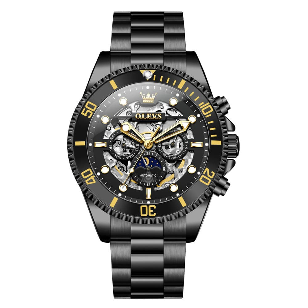 OLEVS 6715 Skeleton Multifunction Moon Phase Sports Mechanical Watch For Men - Silver Ebony Watch | Olevs Watch Store