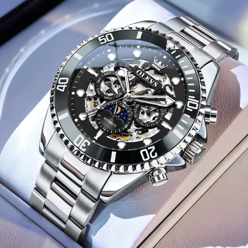 OLEVS 6715 Skeleton Multifunction Moon Phase Sports Mechanical Watch For Men - Silver Ebony Watch | Olevs Watch Store