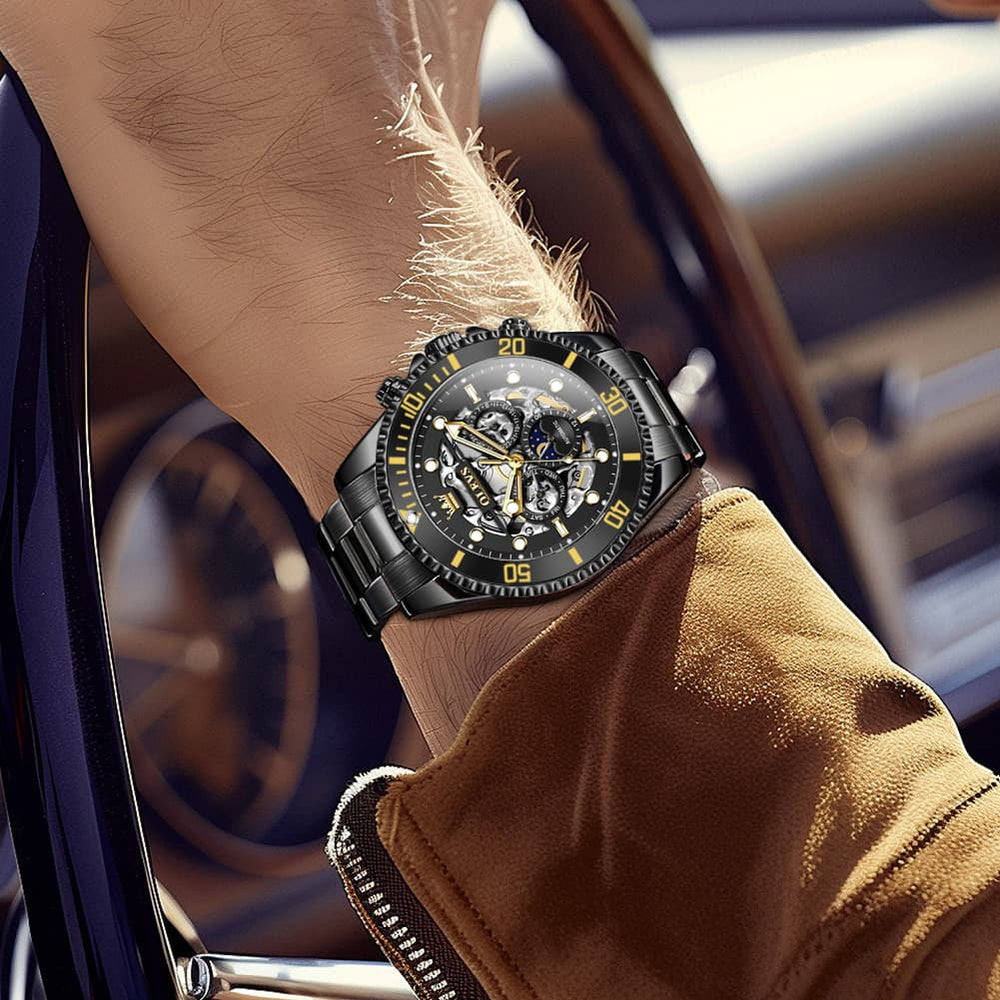 OLEVS 6715 Skeleton Multifunction Moon Phase Sports Mechanical Watch For Men - Silver Ebony Watch | Olevs Watch Store
