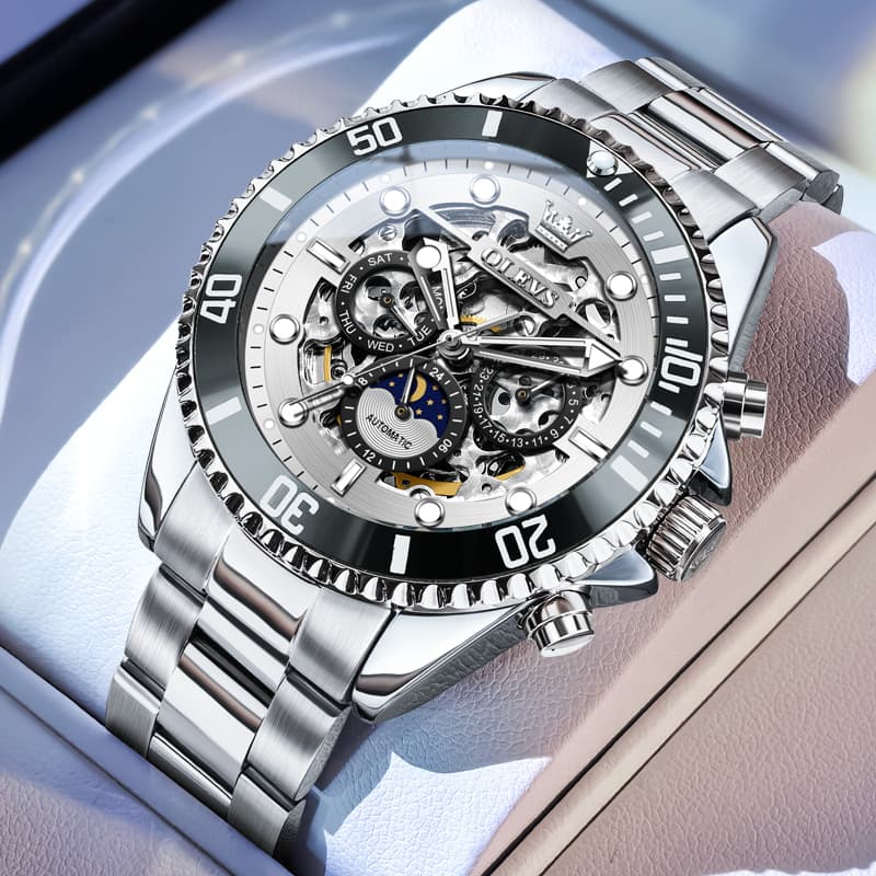 OLEVS 6715 Skeleton Multifunction Moon Phase Sports Mechanical Watch For Men - Silver Ebony Watch | Olevs Watch Store