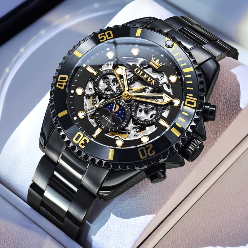 OLEVS 6715 Skeleton Multifunction Moon Phase Sports Mechanical Watch For Men - Silver Ebony Watch | Olevs Watch Store