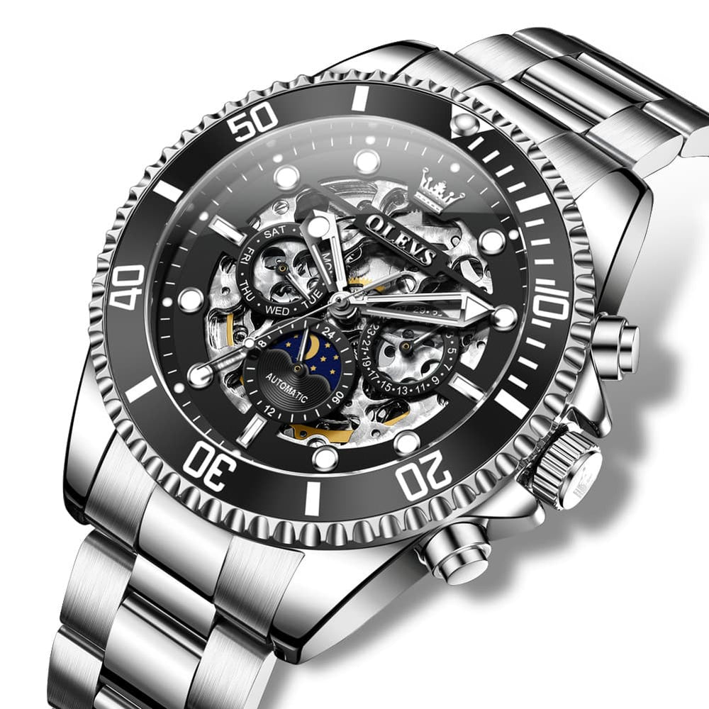 OLEVS 6715 Skeleton Multifunction Moon Phase Sports Mechanical Watch For Men - Silver Ebony Watch | Olevs Watch Store