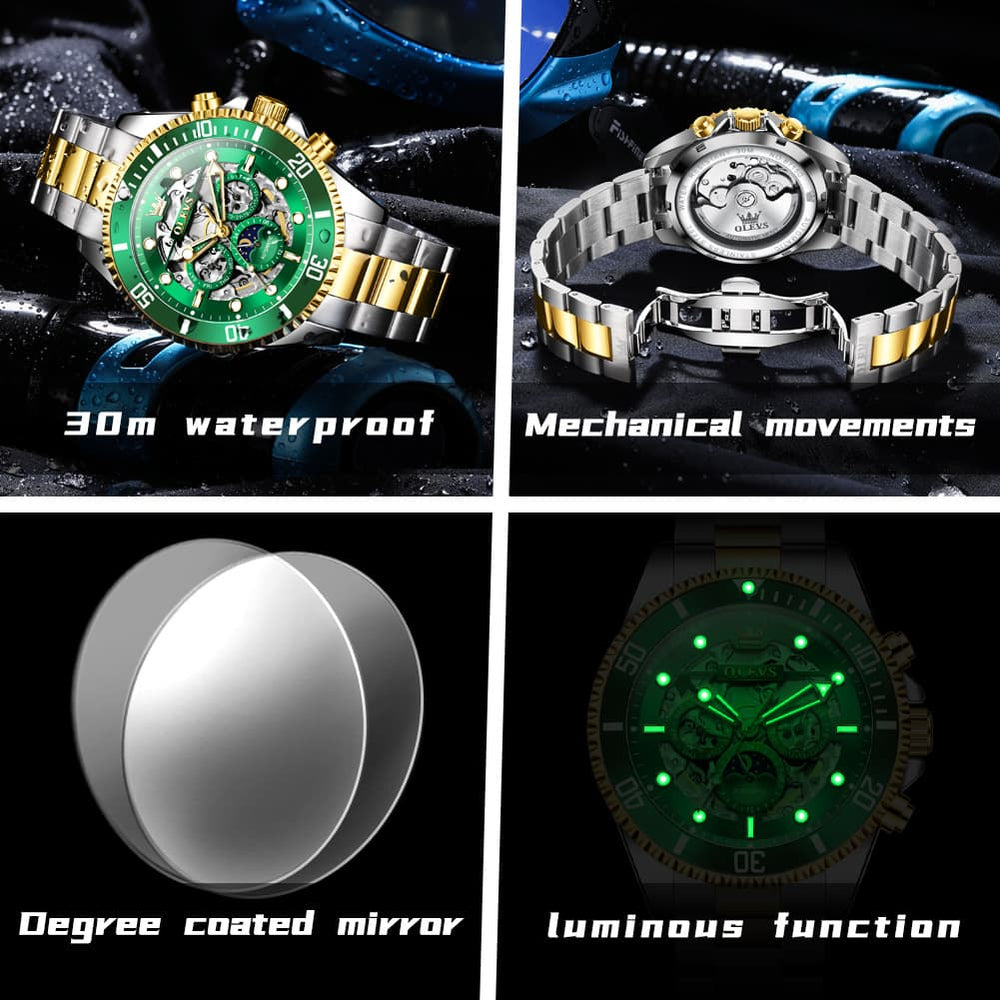 OLEVS 6715 Skeleton Multifunction Moon Phase Sports Mechanical Watch For Men - Silver Ebony Watch | Olevs Watch Store