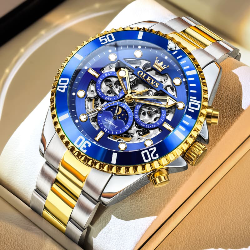 OLEVS 6715 Skeleton Multifunction Moon Phase Sports Mechanical Watch For Men - Silver Ebony Watch | Olevs Watch Store
