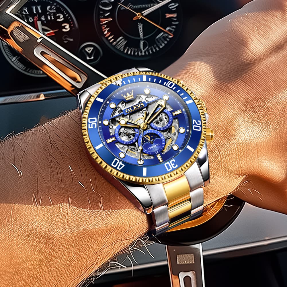 OLEVS 6715 Skeleton Multifunction Moon Phase Sports Mechanical Watch For Men - Silver Ebony Watch | Olevs Watch Store