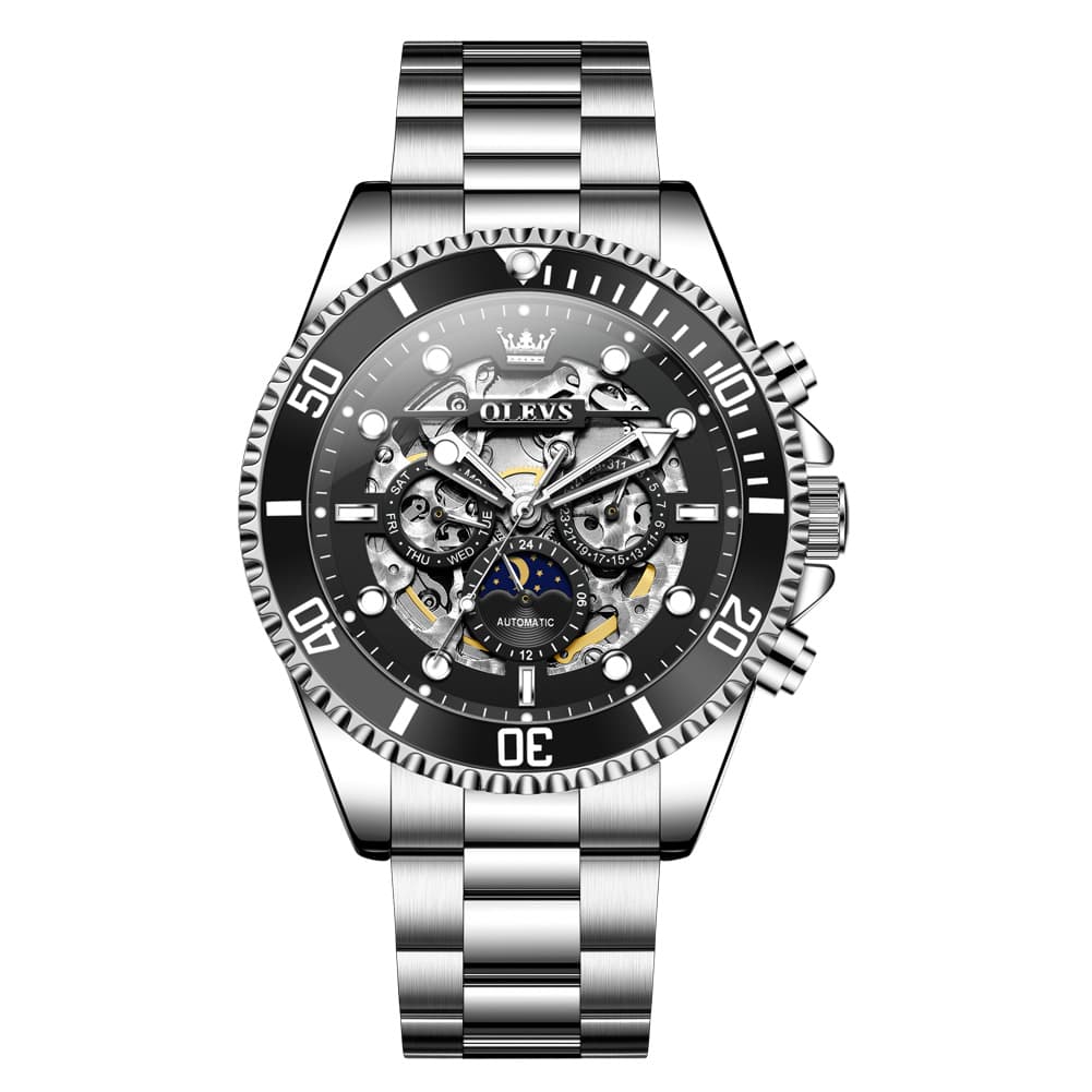 OLEVS 6715 Skeleton Multifunction Moon Phase Sports Mechanical Watch For Men - Silver Ebony Watch | Olevs Watch Store