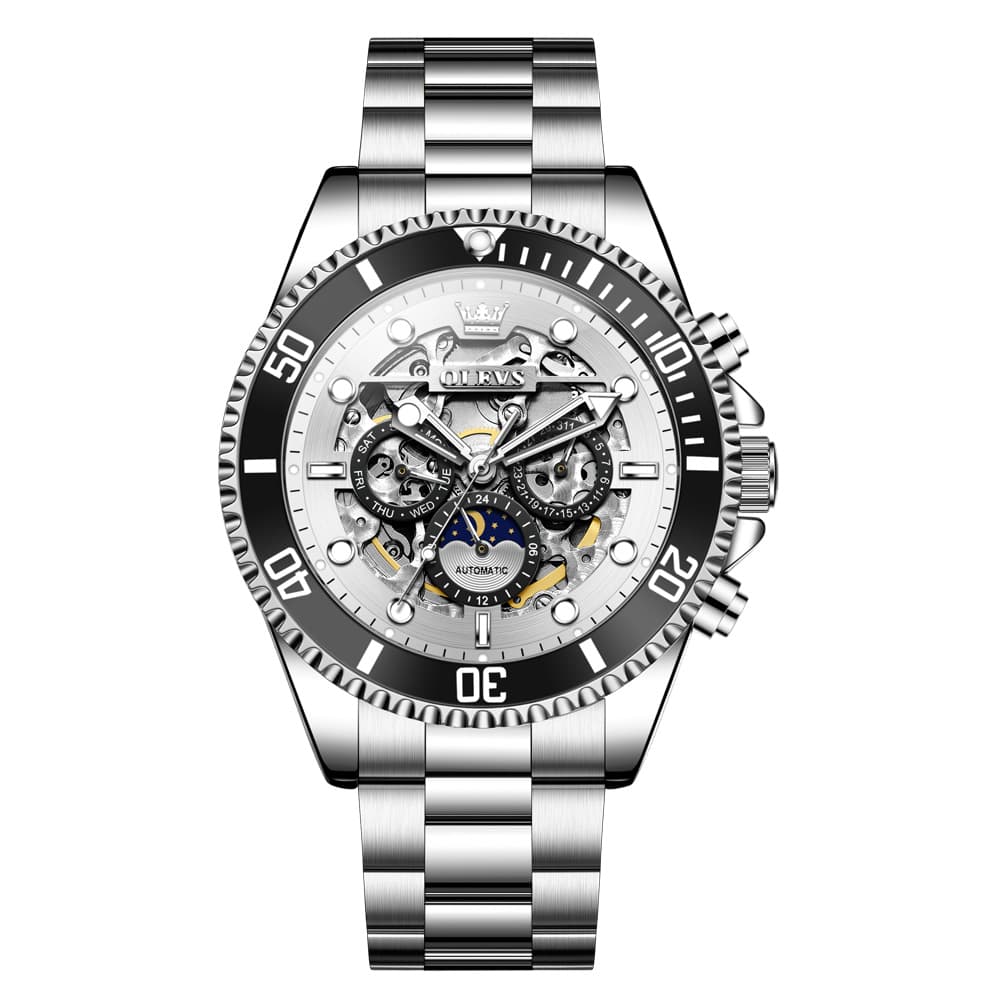 OLEVS 6715 Skeleton Multifunction Moon Phase Sports Mechanical Watch For Men - Silver Ebony Watch | Olevs Watch Store
