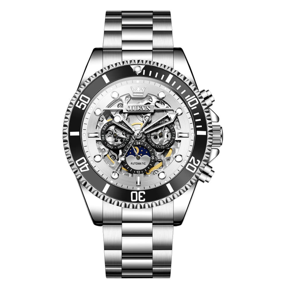 OLEVS 6715 Skeleton Multifunction Moon Phase Sports Mechanical Watch For Men - Silver Ebony Watch | Olevs Watch Store