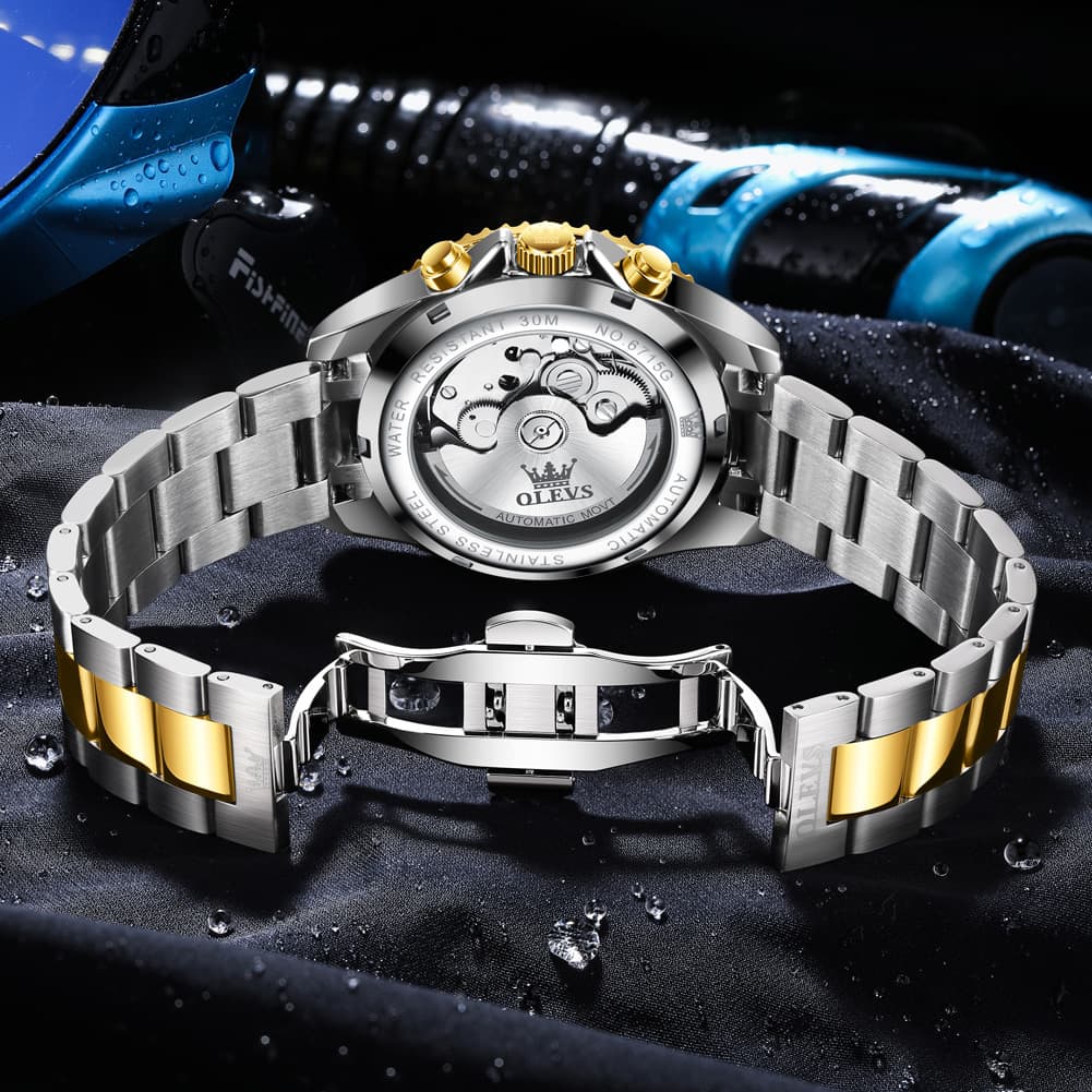 OLEVS 6715 Skeleton Multifunction Moon Phase Sports Mechanical Watch For Men - Silver Ebony Watch | Olevs Watch Store