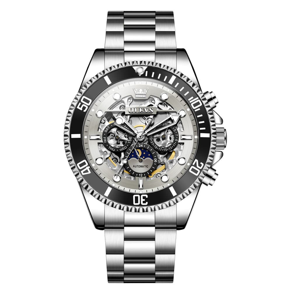 OLEVS 6715 Skeleton Multifunction Moon Phase Sports Mechanical Watch For Men - Silver Ebony Watch | Olevs Watch Store
