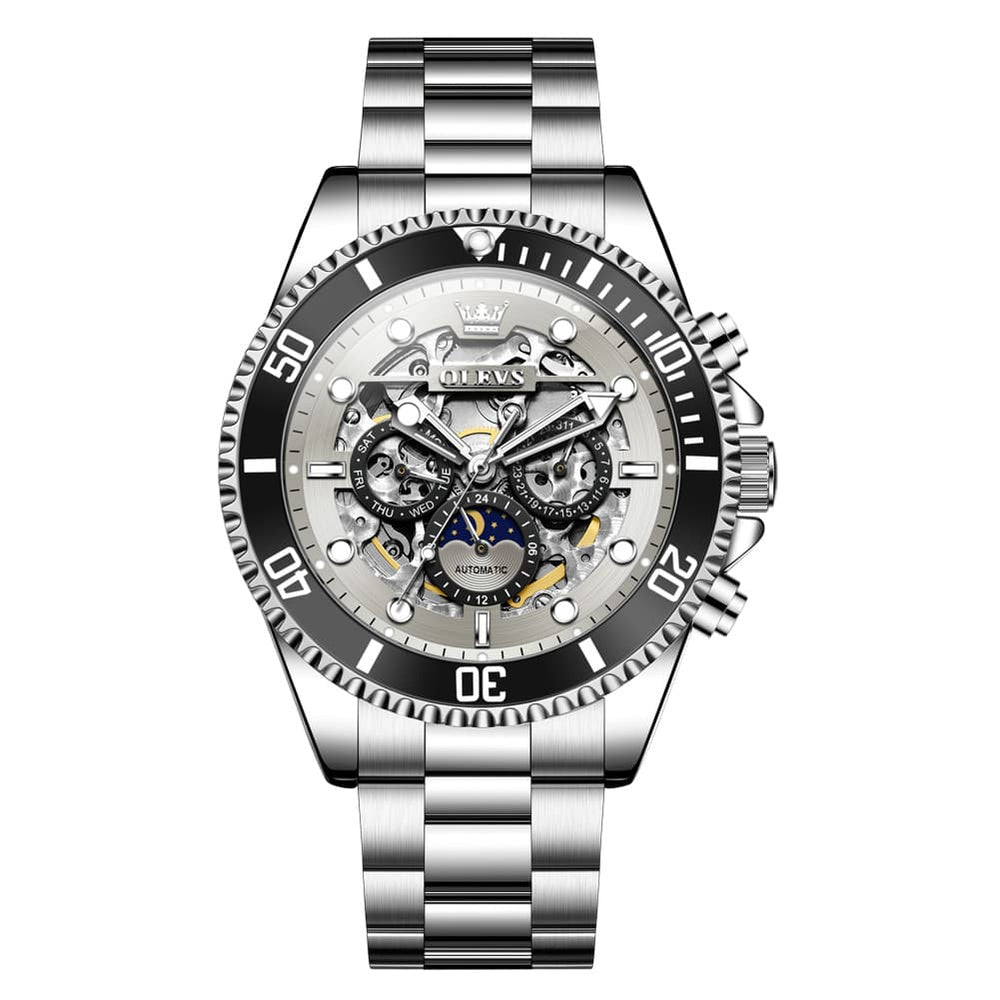 OLEVS 6715 Skeleton Multifunction Moon Phase Sports Mechanical Watch For Men - Silver Ebony Watch | Olevs Watch Store