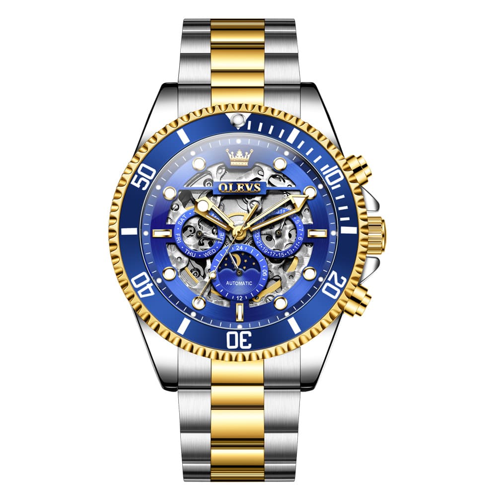 OLEVS 6715 Skeleton Multifunction Moon Phase Sports Mechanical Watch For Men - Silver Ebony Watch | Olevs Watch Store