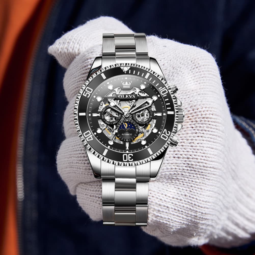OLEVS 6715 Skeleton Multifunction Moon Phase Sports Mechanical Watch For Men - Silver Ebony Watch | Olevs Watch Store