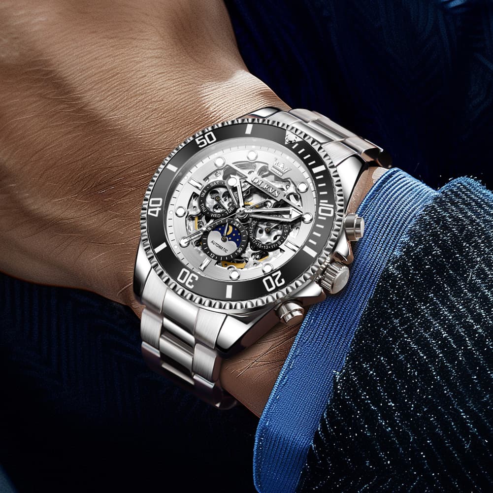 OLEVS 6715 Skeleton Multifunction Moon Phase Sports Mechanical Watch For Men - Silver Ebony Watch | Olevs Watch Store
