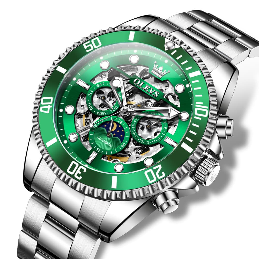 OLEVS 6715 Skeleton Multifunction Moon Phase Sports Mechanical Watch For Men - Silver Green Watch | Olevs Watch Store