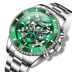 OLEVS 6715 Skeleton Multifunction Moon Phase Sports Mechanical Watch For Men - Silver Green Watch | Olevs Watch Store