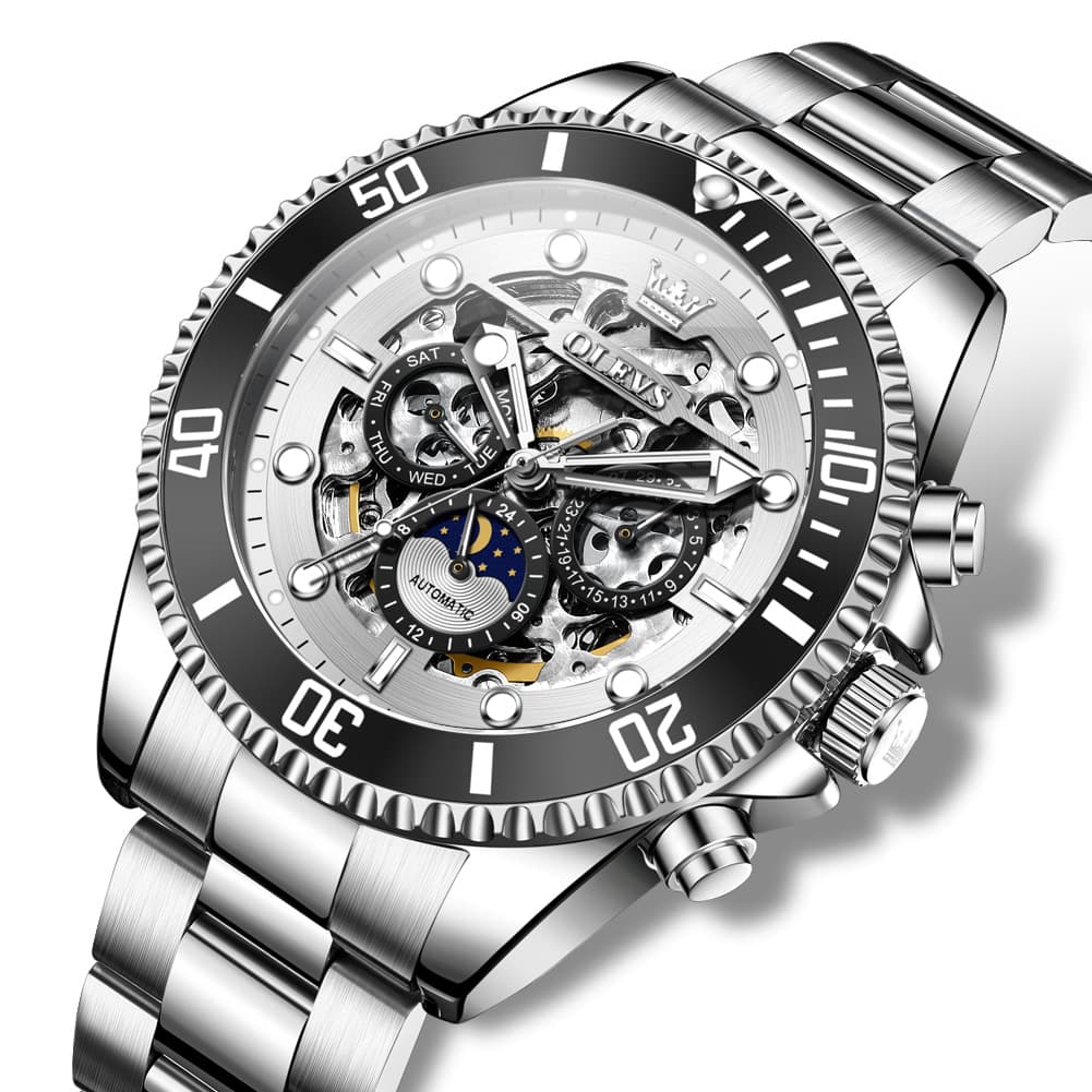 OLEVS 6715 Skeleton Multifunction Moon Phase Sports Mechanical Watch For Men - Silver White Watch | Olevs Watch Store