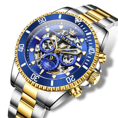OLEVS 6715 Skeleton Multifunction Moon Phase Sports Mechanical Watch For Men - Two Tone Blue Watch | Olevs Watch Store