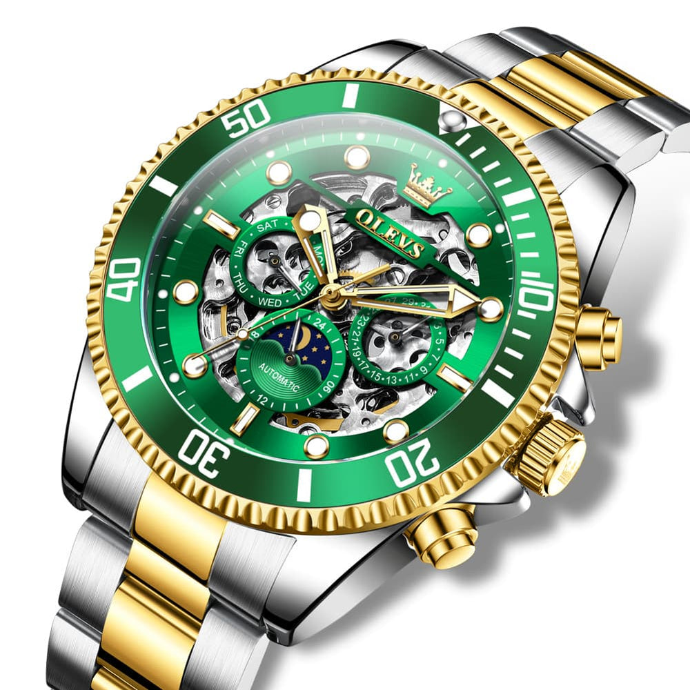 OLEVS 6715 Skeleton Multifunction Moon Phase Sports Mechanical Watch For Men - Two Tone Green Watch | Olevs Watch Store