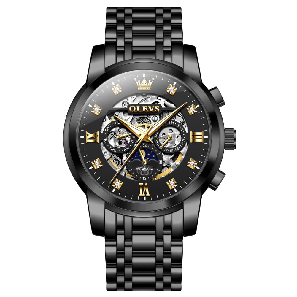 OLEVS 6721 Openwork Skeleton Diamond Dial Moon Phase Calendar Mechanical Watch For Men - All Black Watch |Olevs Watch Store