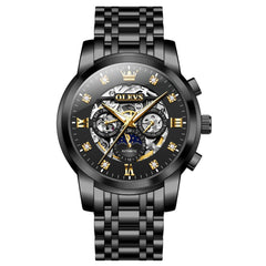 OLEVS 6721 Openwork Skeleton Diamond Dial Moon Phase Calendar Mechanical Watch For Men - All Black Watch |Olevs Watch Store