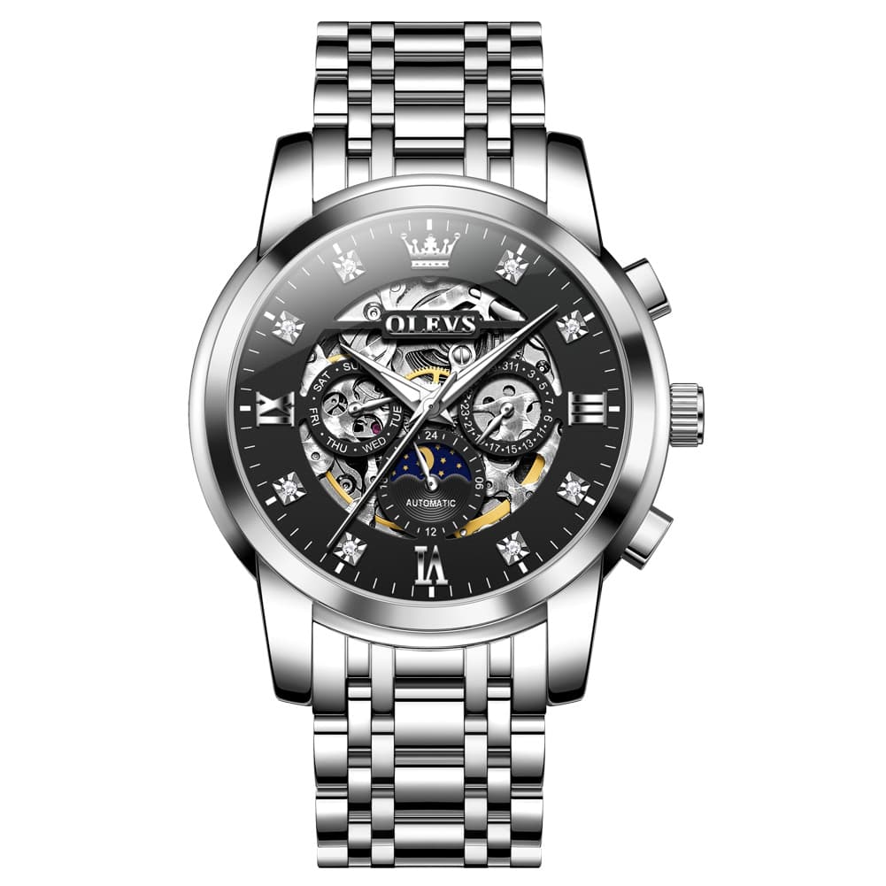OLEVS 6721 Openwork Skeleton Diamond Dial Moon Phase Calendar Mechanical Watch For Men - Black Color Watch |Olevs Watch Store
