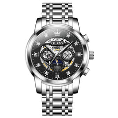 OLEVS 6721 Openwork Skeleton Diamond Dial Moon Phase Calendar Mechanical Watch For Men - Black Color Watch |Olevs Watch Store