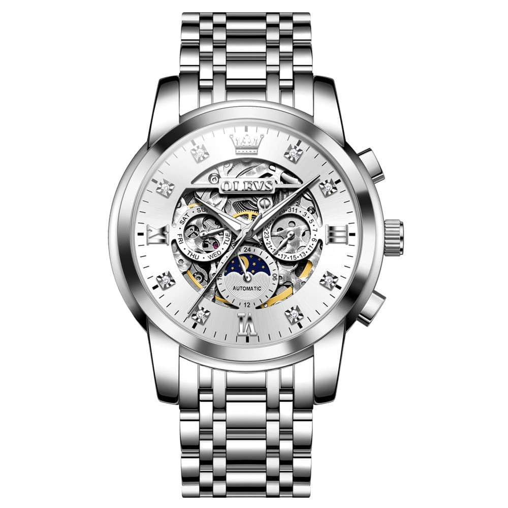 OLEVS 6721 Openwork Skeleton Diamond Dial Moon Phase Calendar Mechanical Watch For Men -Bright White Watch |Olevs Watch Store
