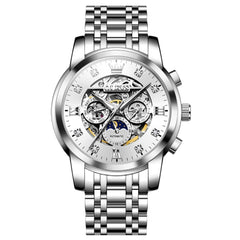 OLEVS 6721 Openwork Skeleton Diamond Dial Moon Phase Calendar Mechanical Watch For Men -Bright White Watch |Olevs Watch Store