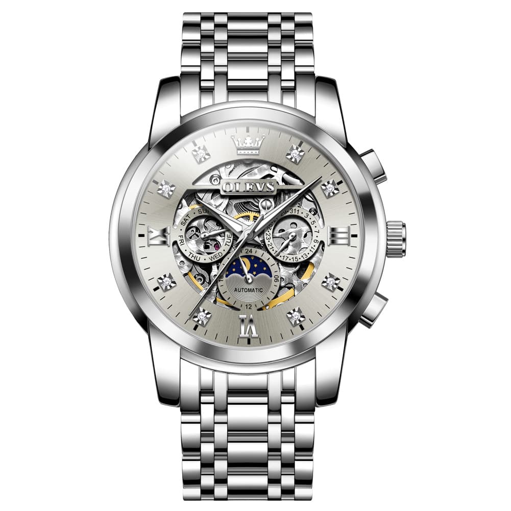 OLEVS 6721 Openwork Skeleton Diamond Dial Moon Phase Calendar Mechanical Watch For Men - Dark Gray Watch |Olevs Watch Store