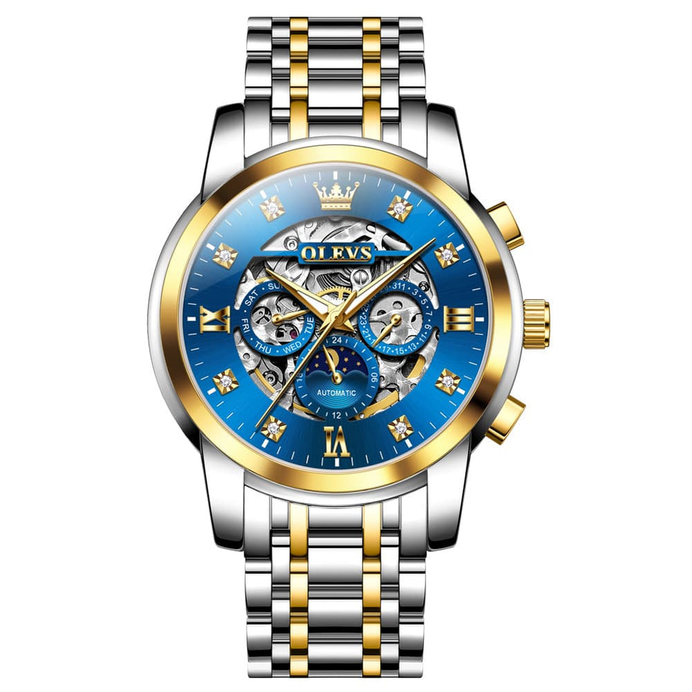 OLEVS 6721 Openwork Skeleton Diamond Dial Moon Phase Calendar Mechanical Watch For Men - Golden Blue Watch |Olevs Watch Store