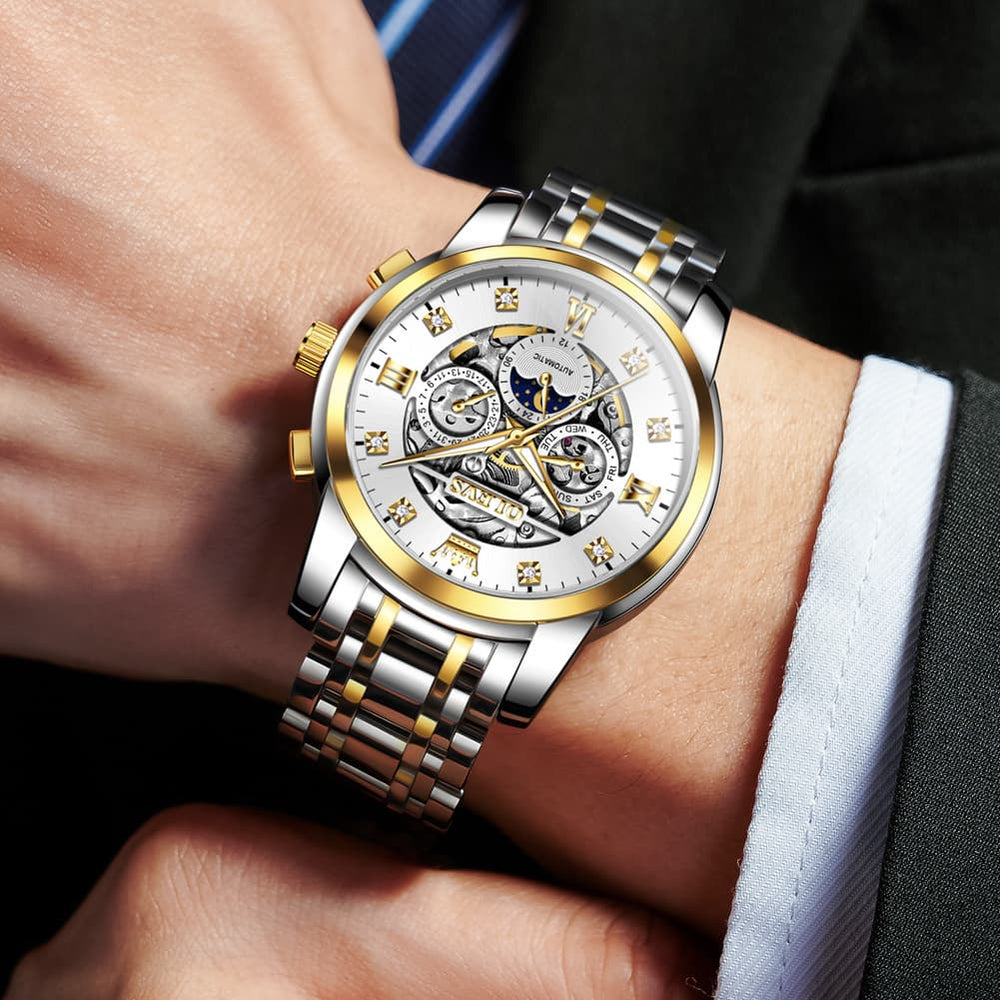 OLEVS 6721 Openwork Skeleton Diamond Dial Moon Phase Calendar Mechanical Watch For Men - Inter White Watch |Olevs Watch Store
