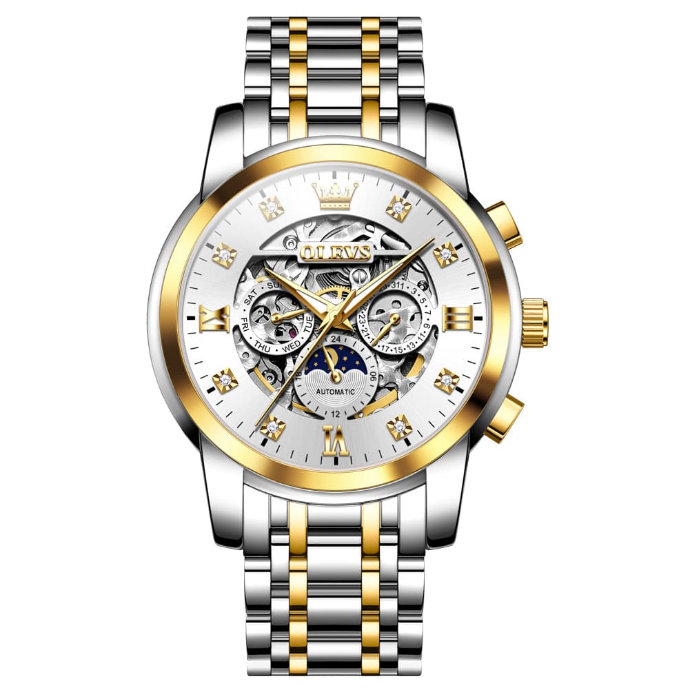 OLEVS 6721 Openwork Skeleton Diamond Dial Moon Phase Calendar Mechanical Watch For Men - Inter White Watch |Olevs Watch Store