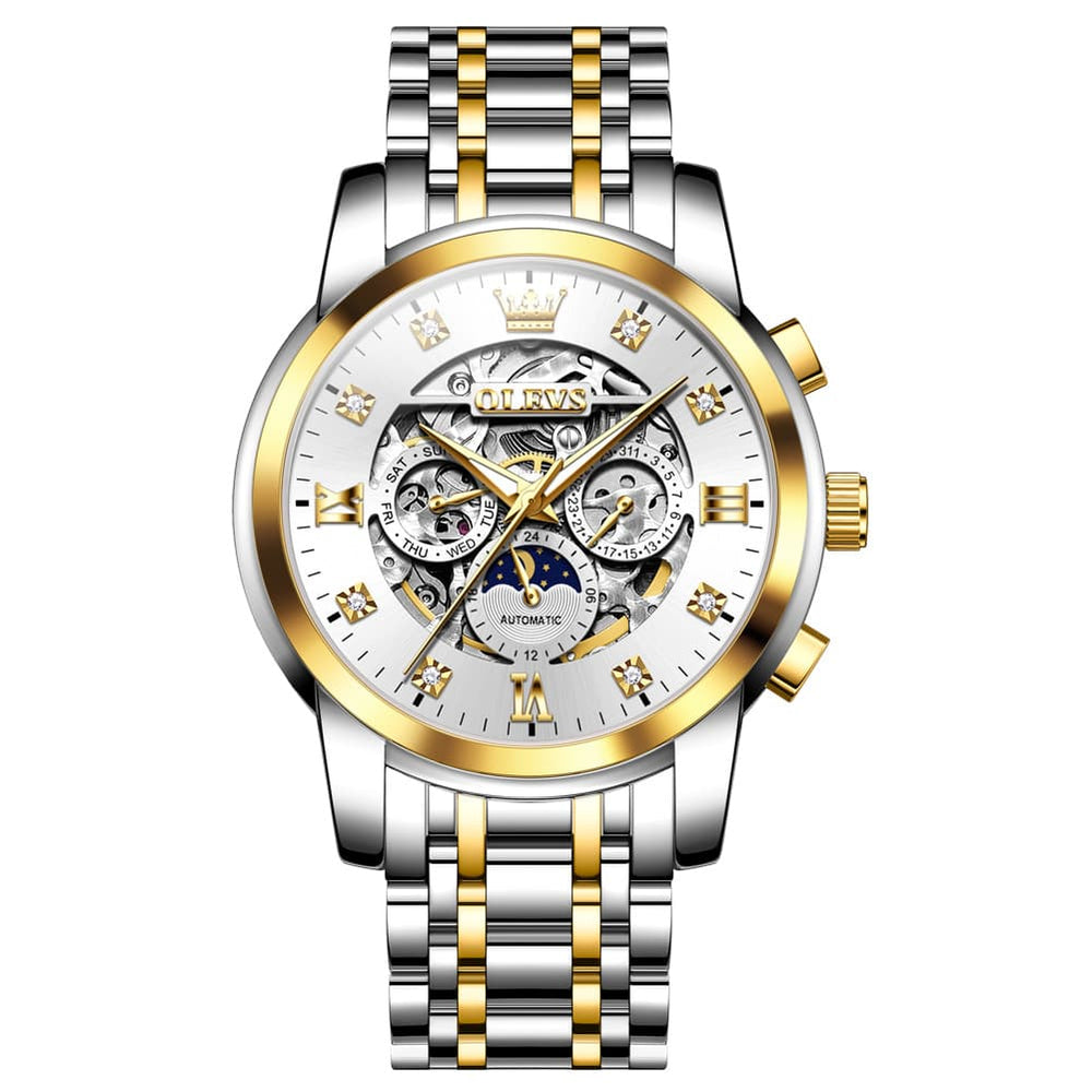 OLEVS 6721 Openwork Skeleton Diamond Dial Moon Phase Calendar Mechanical Watch For Men - Inter White Watch |Olevs Watch Store