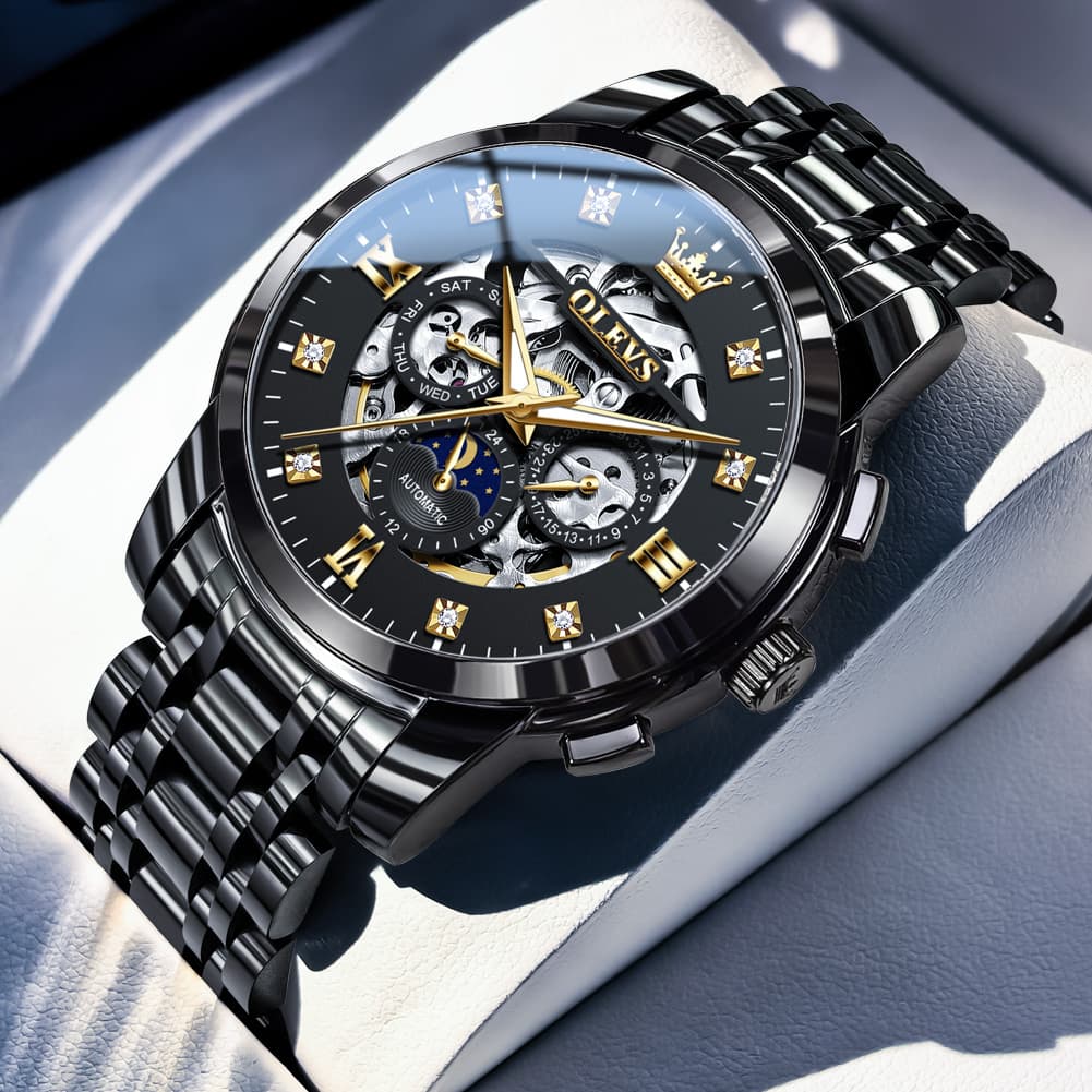 OLEVS 6721 Openwork Skeleton Diamond Dial Moon Phase Calendar Mechanical Watch For Men - Inter White Watch |Olevs Watch Store