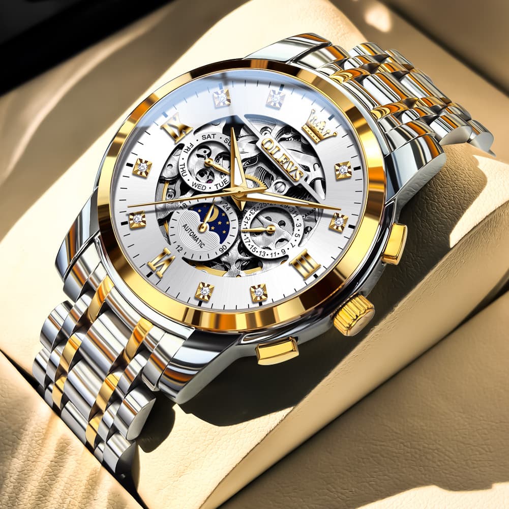 OLEVS 6721 Openwork Skeleton Diamond Dial Moon Phase Calendar Mechanical Watch For Men - Inter White Watch |Olevs Watch Store