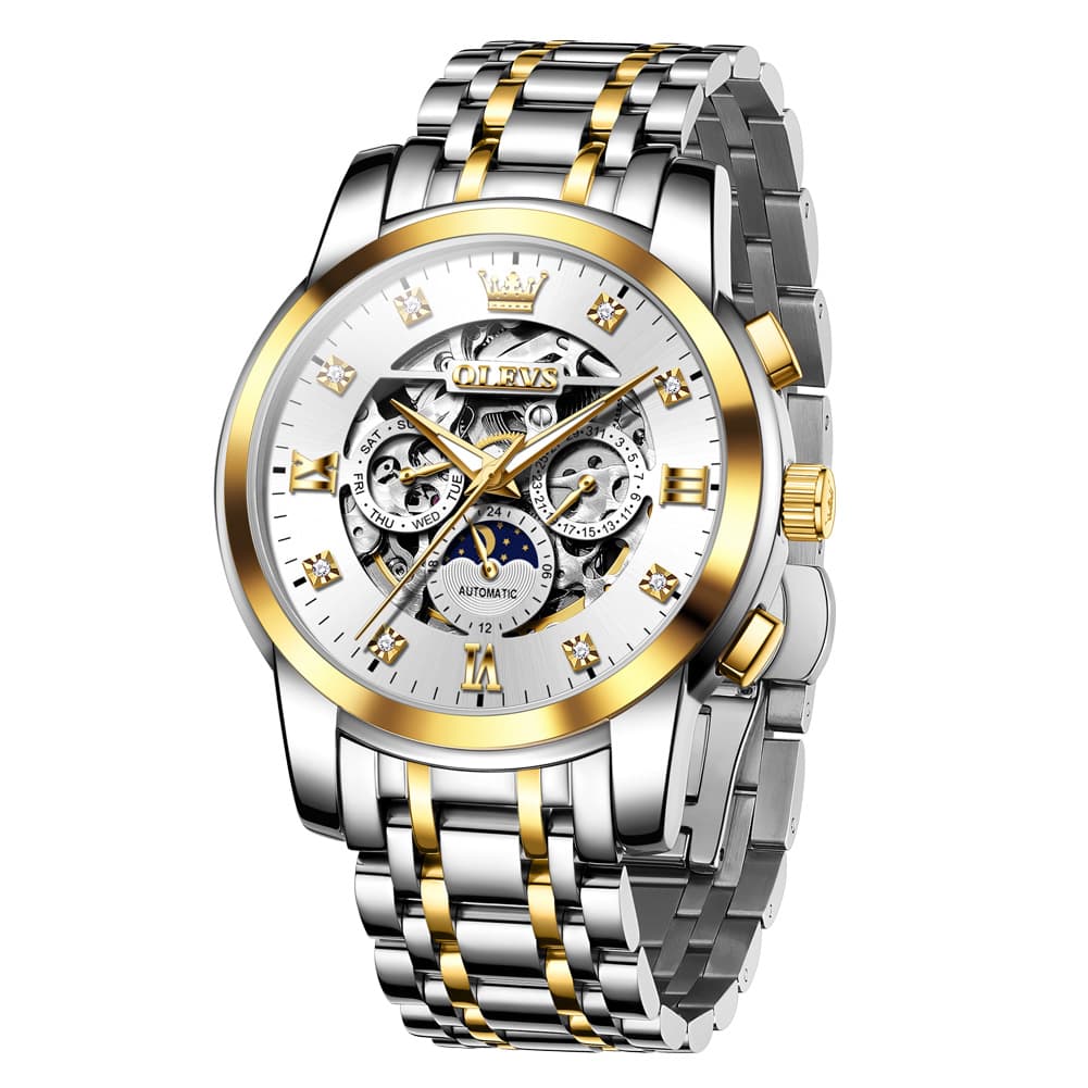 OLEVS 6721 Openwork Skeleton Diamond Dial Moon Phase Calendar Mechanical Watch For Men - Inter White Watch |Olevs Watch Store
