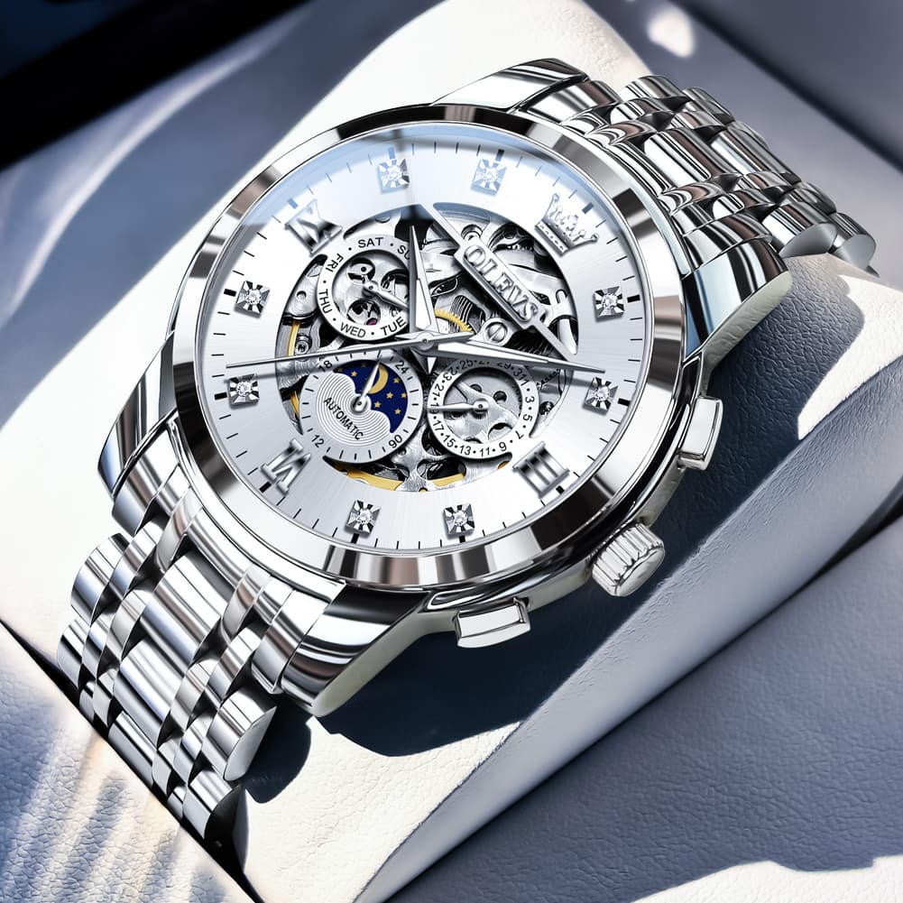 OLEVS 6721 Openwork Skeleton Diamond Dial Moon Phase Calendar Mechanical Watch For Men - Inter White Watch |Olevs Watch Store