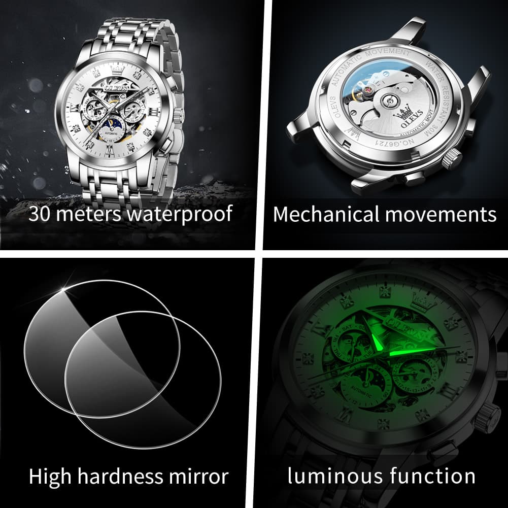 OLEVS 6721 Openwork Skeleton Diamond Dial Moon Phase Calendar Mechanical Watch For Men - Inter White Watch |Olevs Watch Store