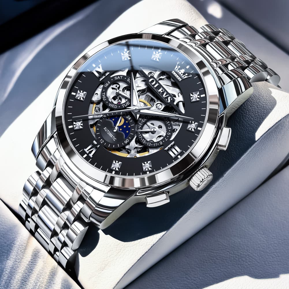 OLEVS 6721 Openwork Skeleton Diamond Dial Moon Phase Calendar Mechanical Watch For Men - Inter White Watch |Olevs Watch Store