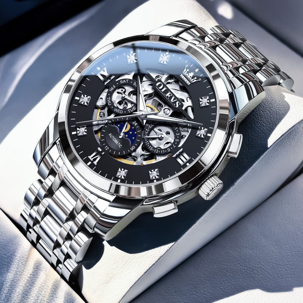 OLEVS 6721 Openwork Skeleton Diamond Dial Moon Phase Calendar Mechanical Watch For Men - Inter White Watch |Olevs Watch Store