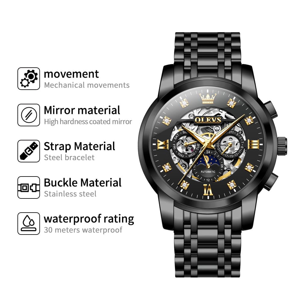 OLEVS 6721 Openwork Skeleton Diamond Dial Moon Phase Calendar Mechanical Watch For Men - Inter White Watch |Olevs Watch Store